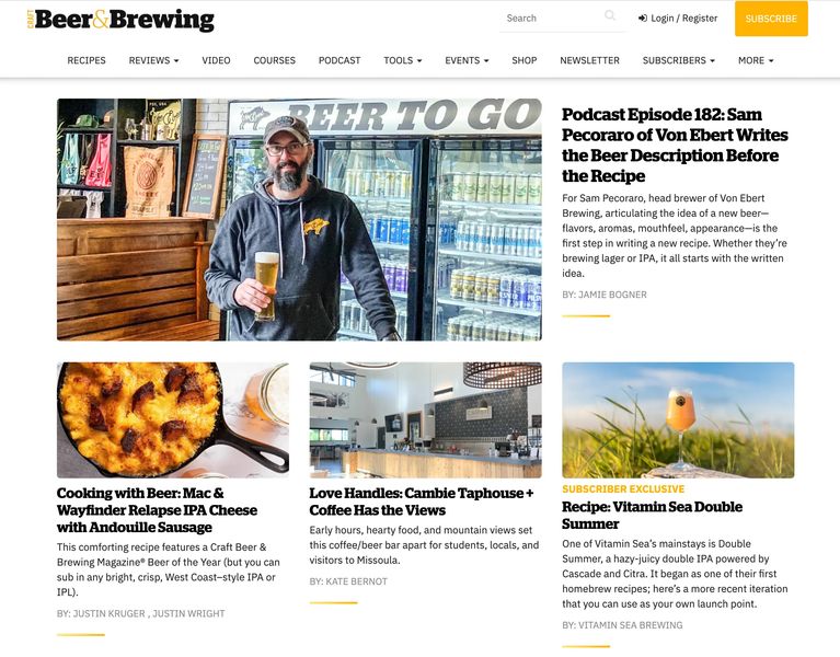 content creator example, digital publishing, craft beer and brewing website screenshot