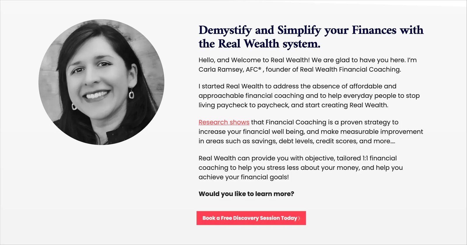 Screenshot of Real Wealth Financial Coaching about section on homepage. Features headshot of coach and description of background and services.