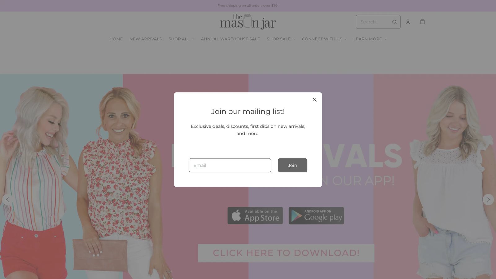 example of subscribe pop up from mason jar boutique