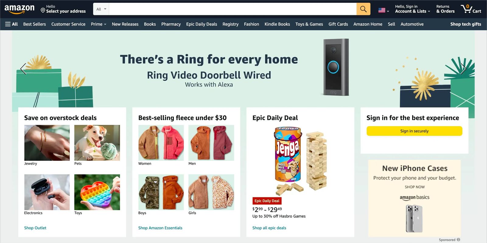 Screenshot of Amazon.com homepage. Photo represents example of effective e-commerce homepage showcasing popular products.
