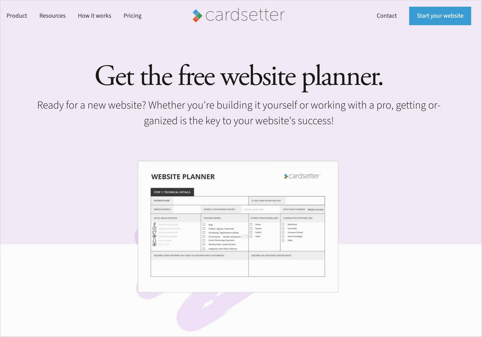 an example of a lead magnet on the Cardsetter website. A website planning workbook.
