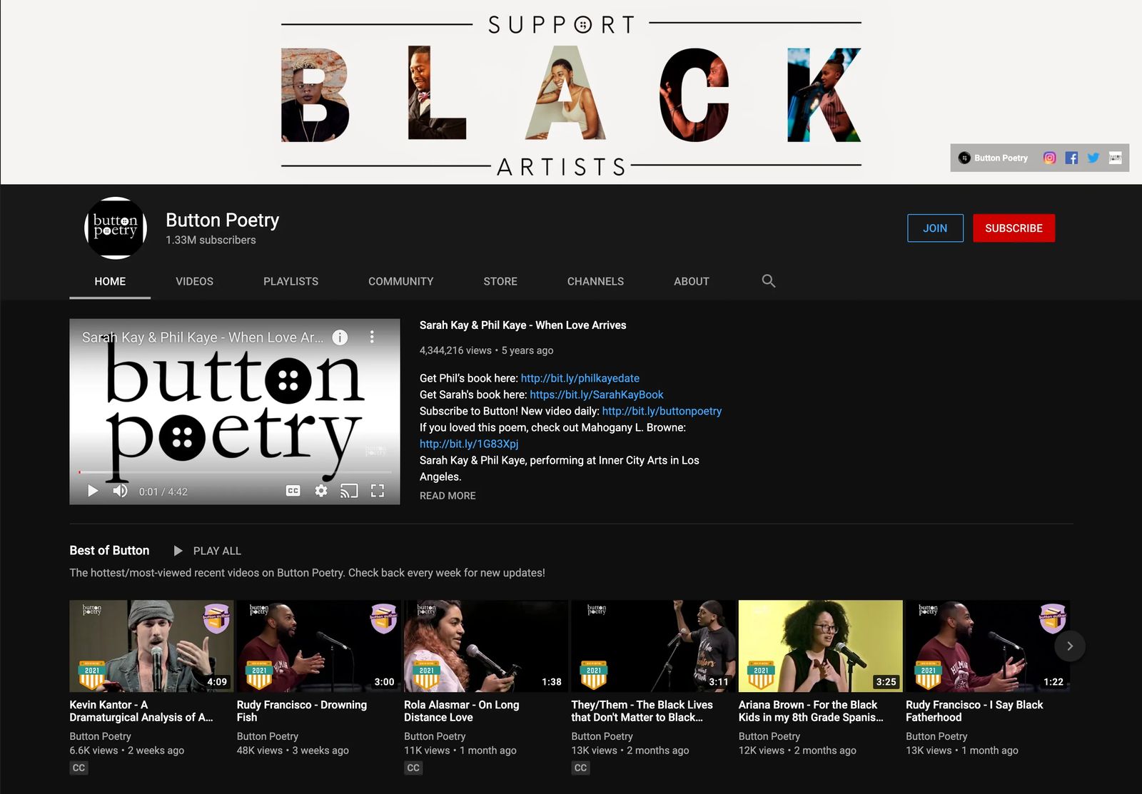 youtube content creator example, button poetry youtube channel screenshot