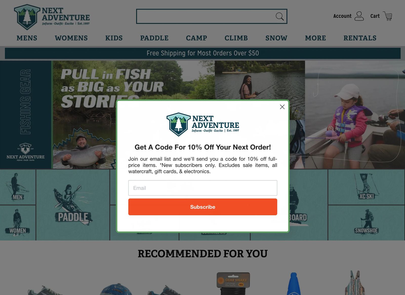 Discount coupon lead magnet example: Next Adventure online retailer