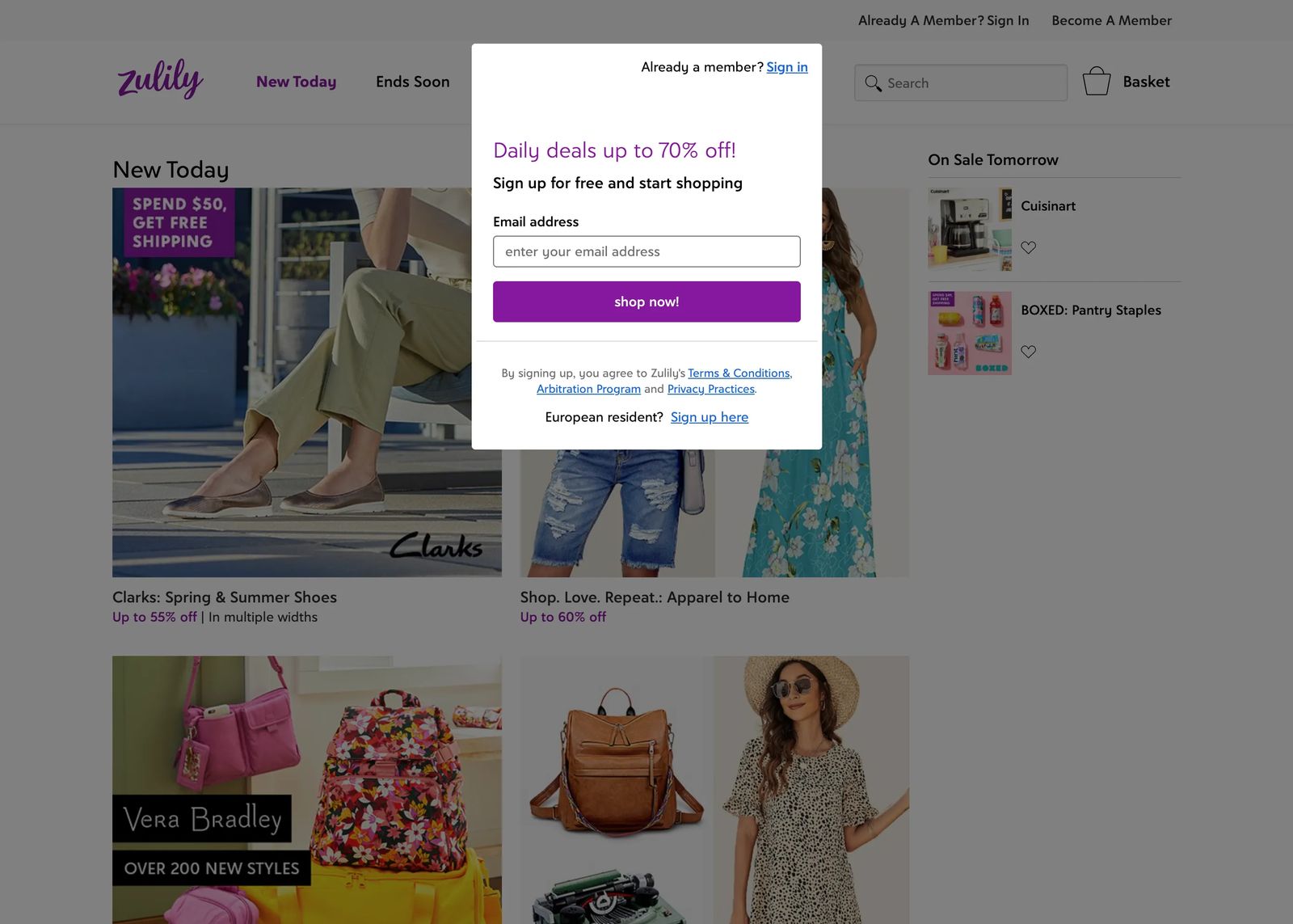 example of gated e-commerce store from Zulily