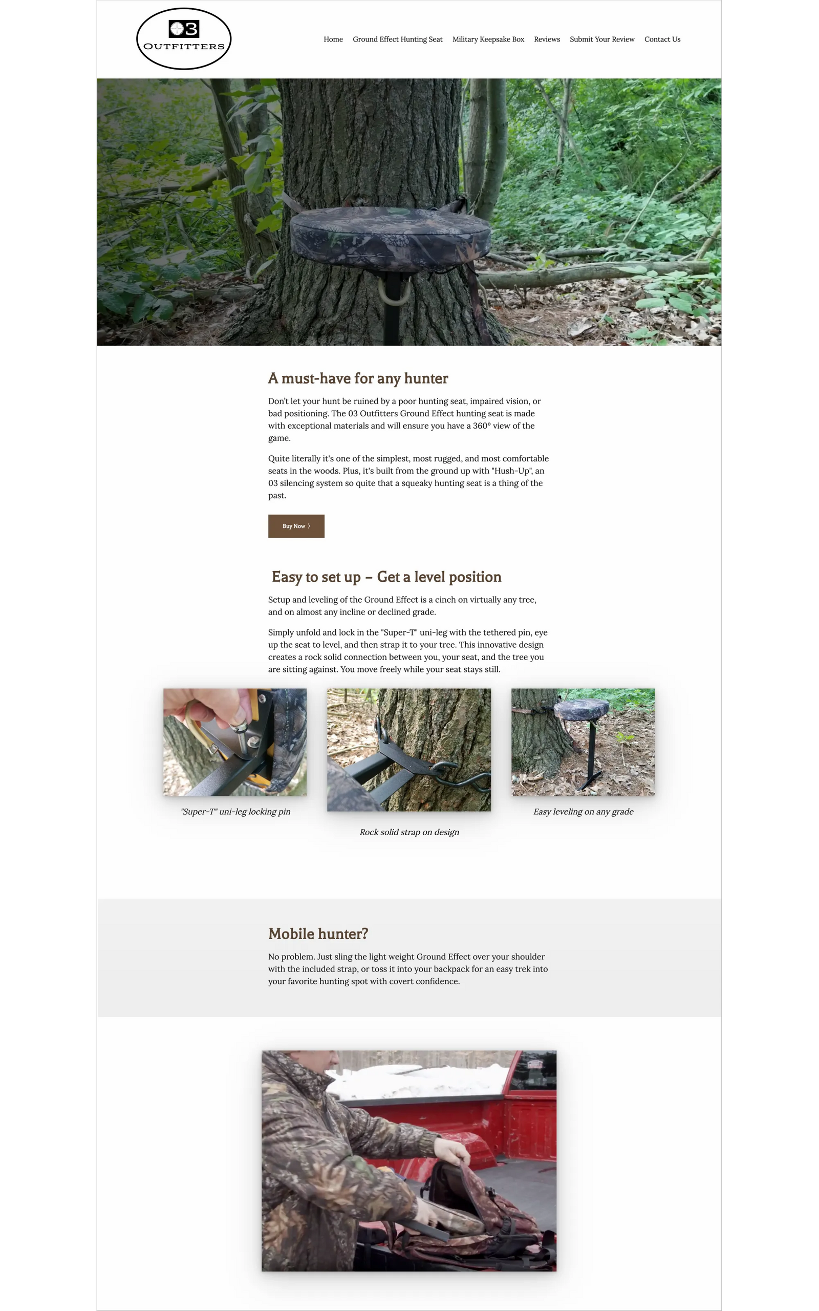 A screenshot of the o3 outfitters product page promoting their hunting seat.