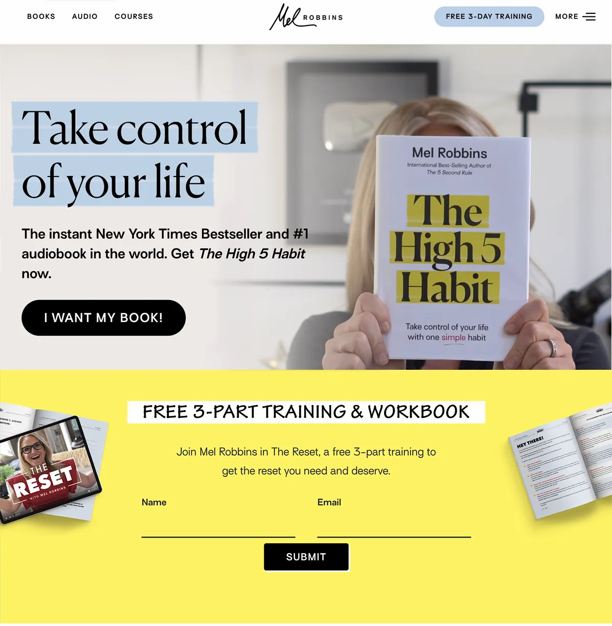 screenshot of mel robbins homepage featuring a sign up for her free program and workbok