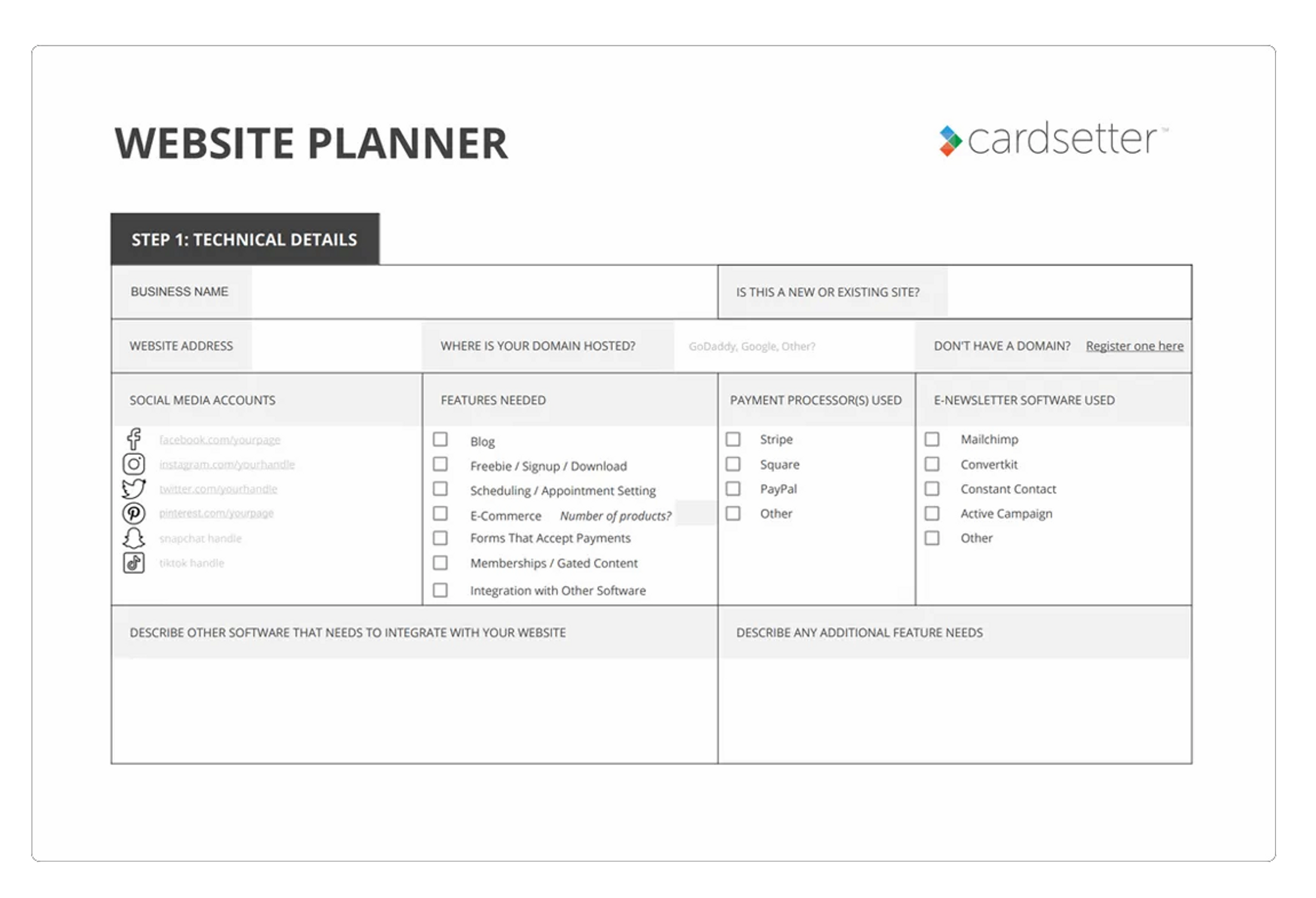 website planner workbook