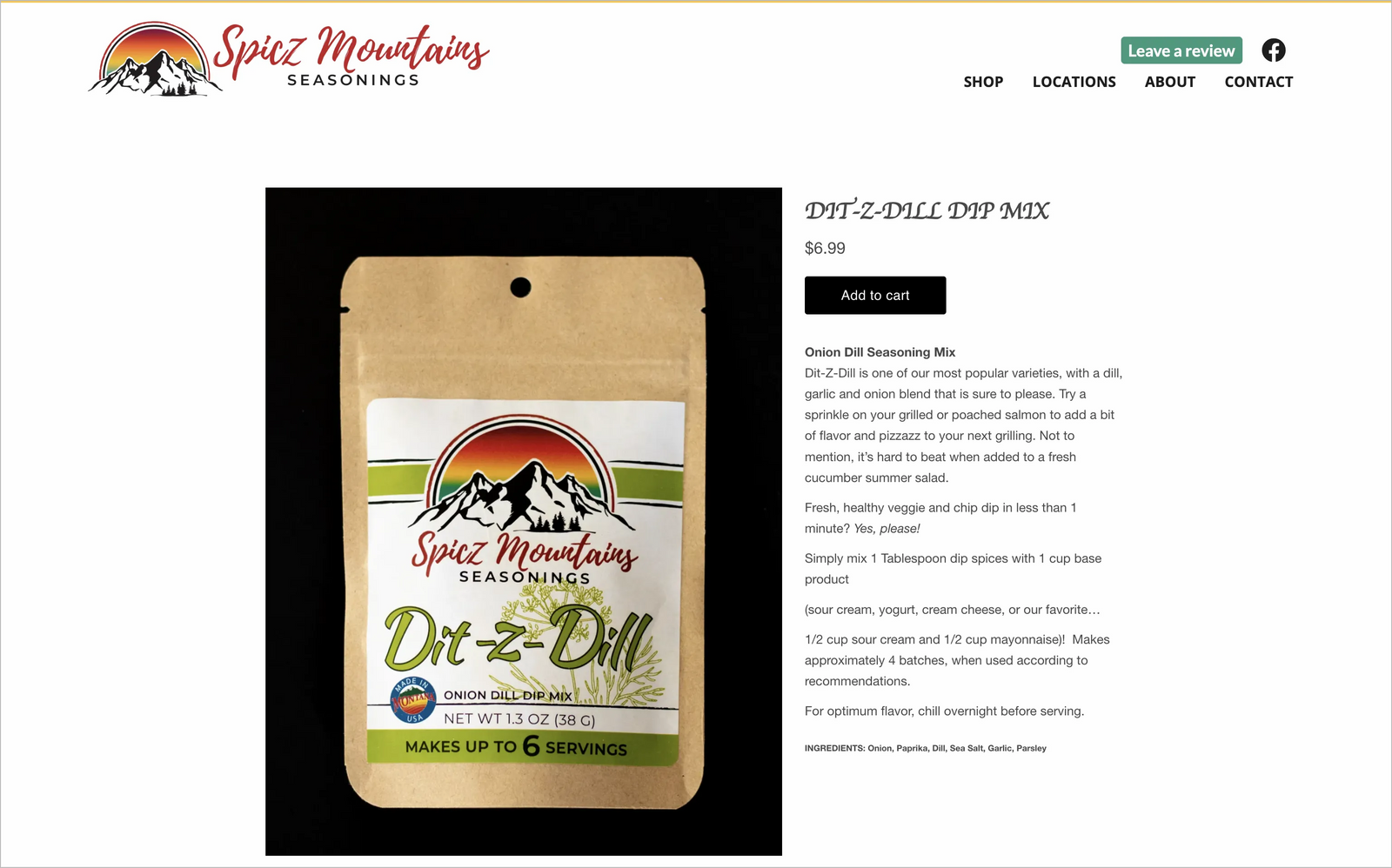 Product detail page for Dill Dip Mix on the Spciz Mountains website.