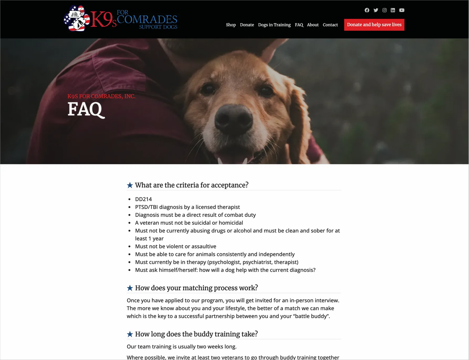 Example of FAQs page on the K-9s for Comrades website.