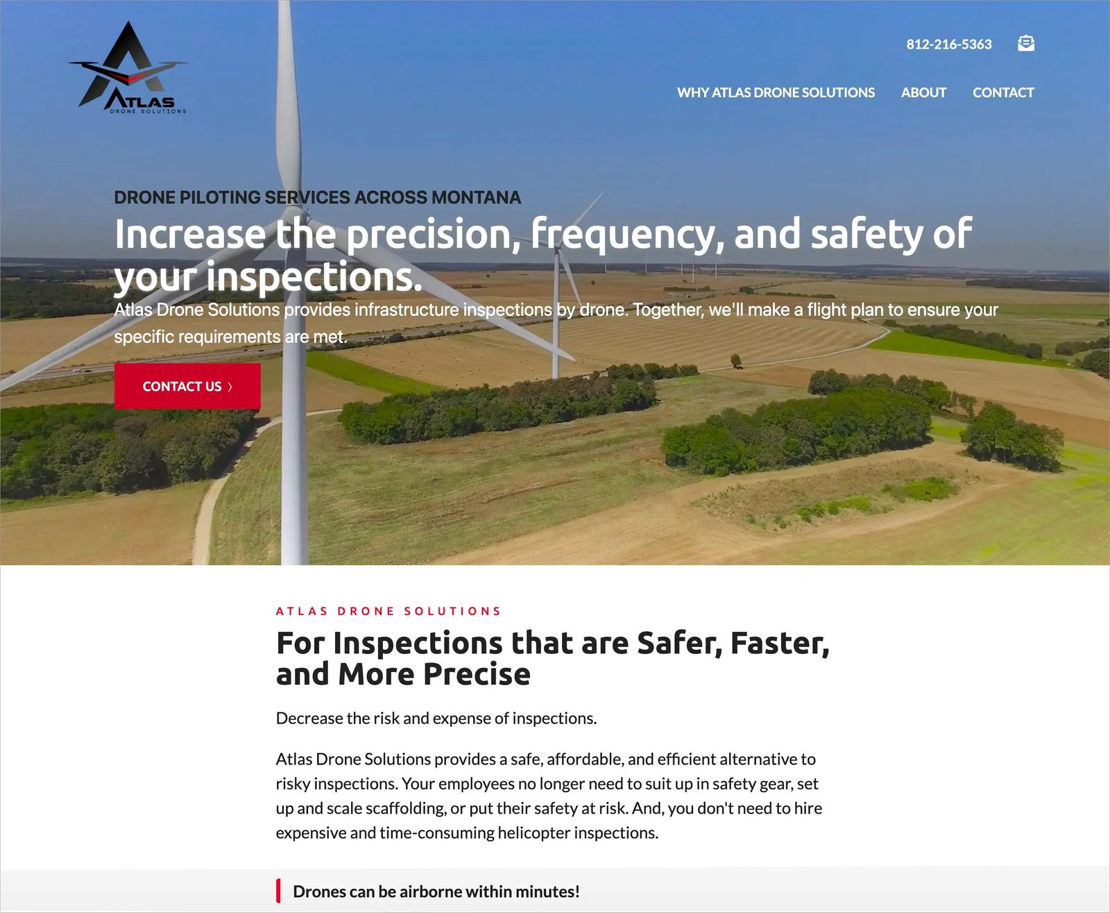 Screenshot of Atlas Drone Solutions homepage. Represents example of effective differentiator section on a website homepage.