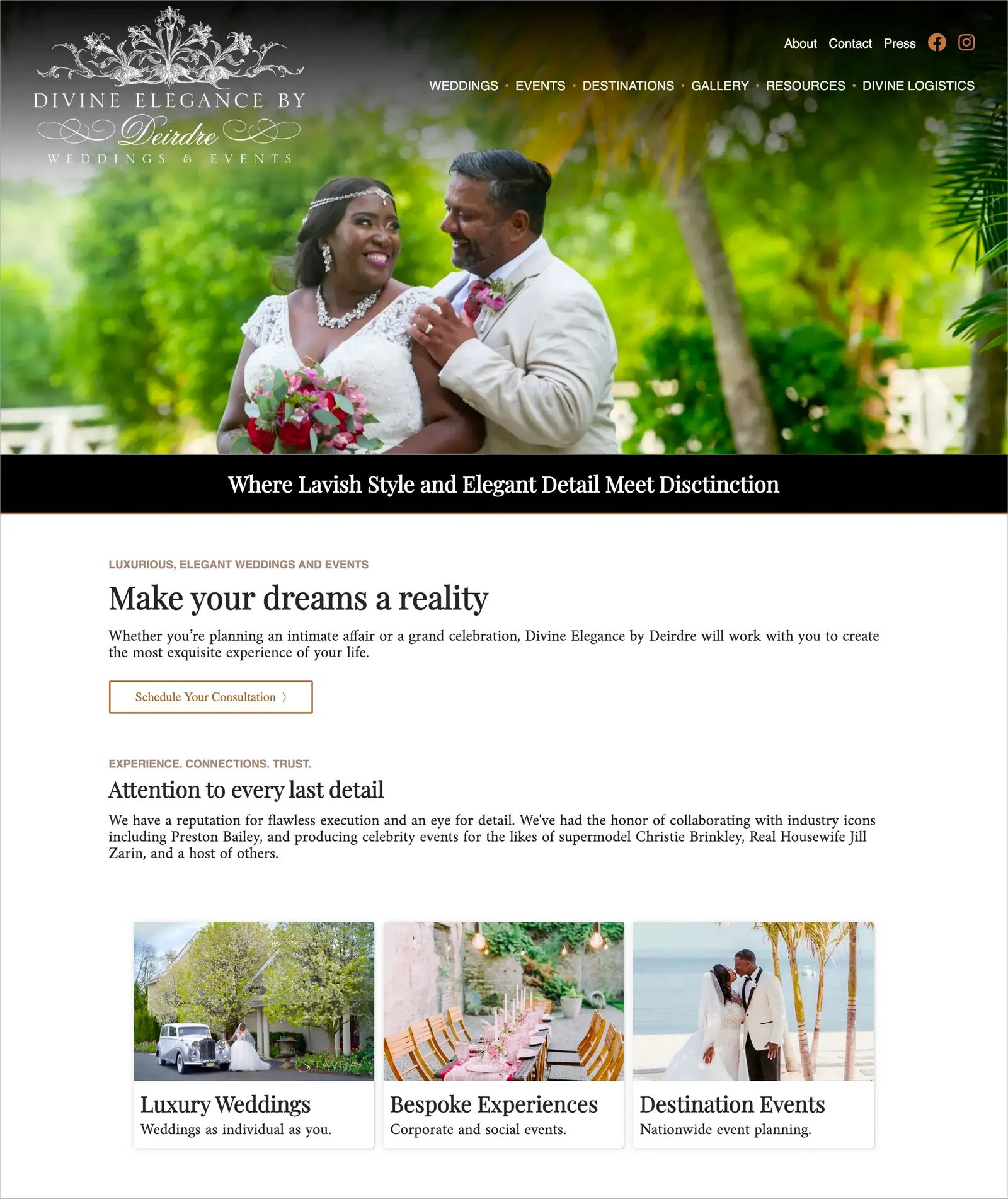 Screenshot of Divine Elegance by Deirdre wedding planner homepage. An example of an effective featured services section.