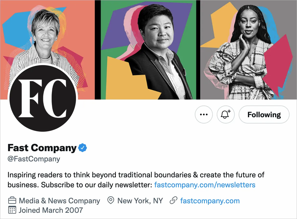 image of Fast Company's twitter profile with a newsletter sign up link