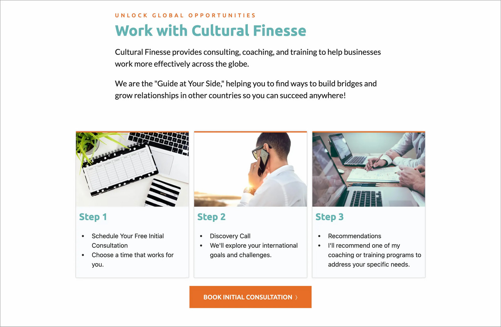 Cultural Finesse coaching website screenshot. Features how it works section describing how to start a coaching program.