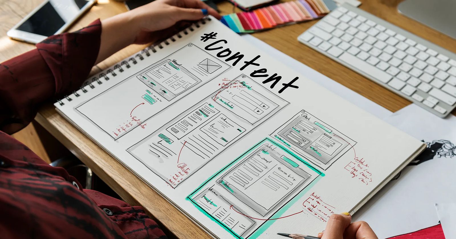 photo of a sketchbook with a website digram and wireframes