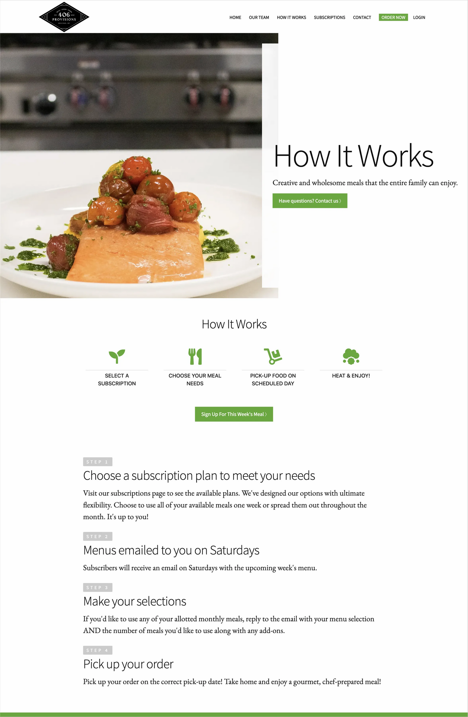 example of effective website "how it works" page detailing the steps of the food service