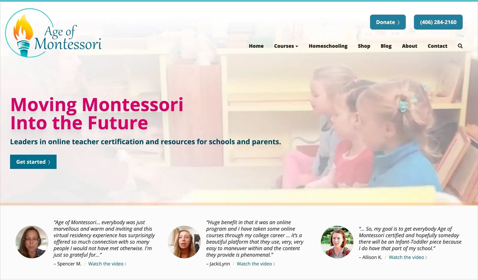 Screenshot of age of montessori homepage. Image represents example of good use of testimonials on the homepage.