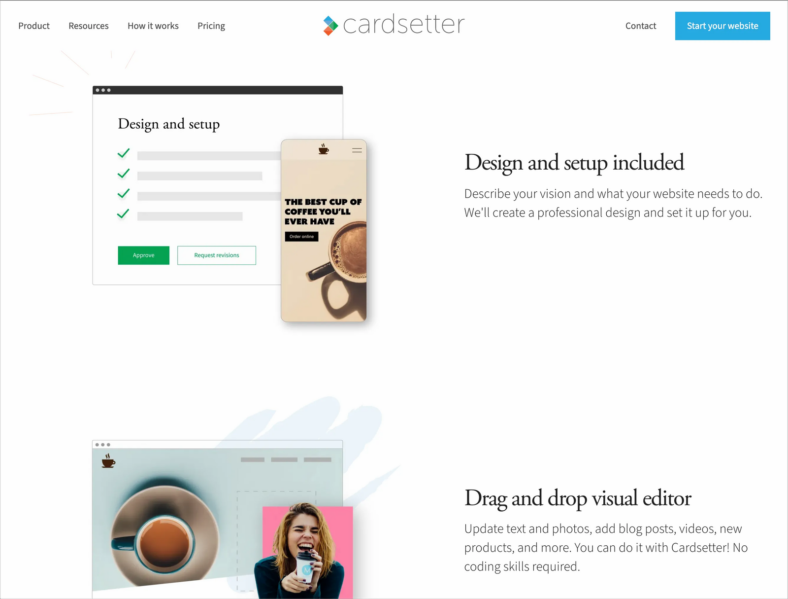 Image of Cardsetter's website showing example of features section
