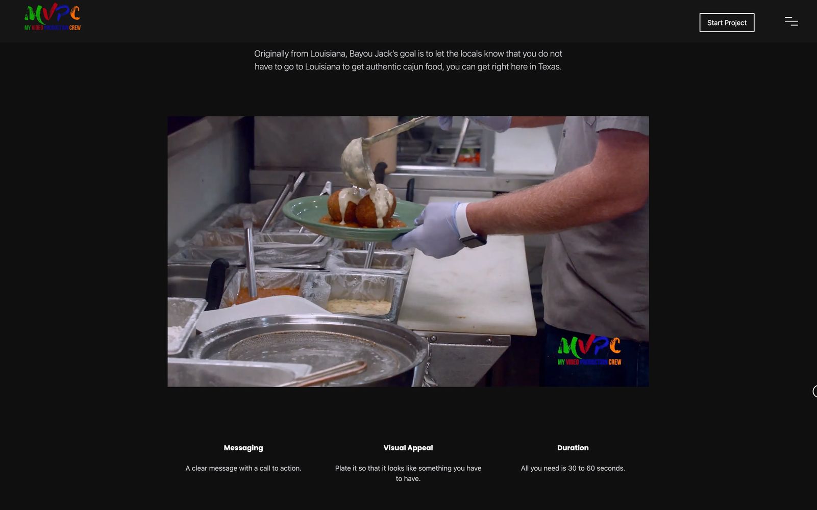 An example of video portfolio content on the My Video Production Crew website.