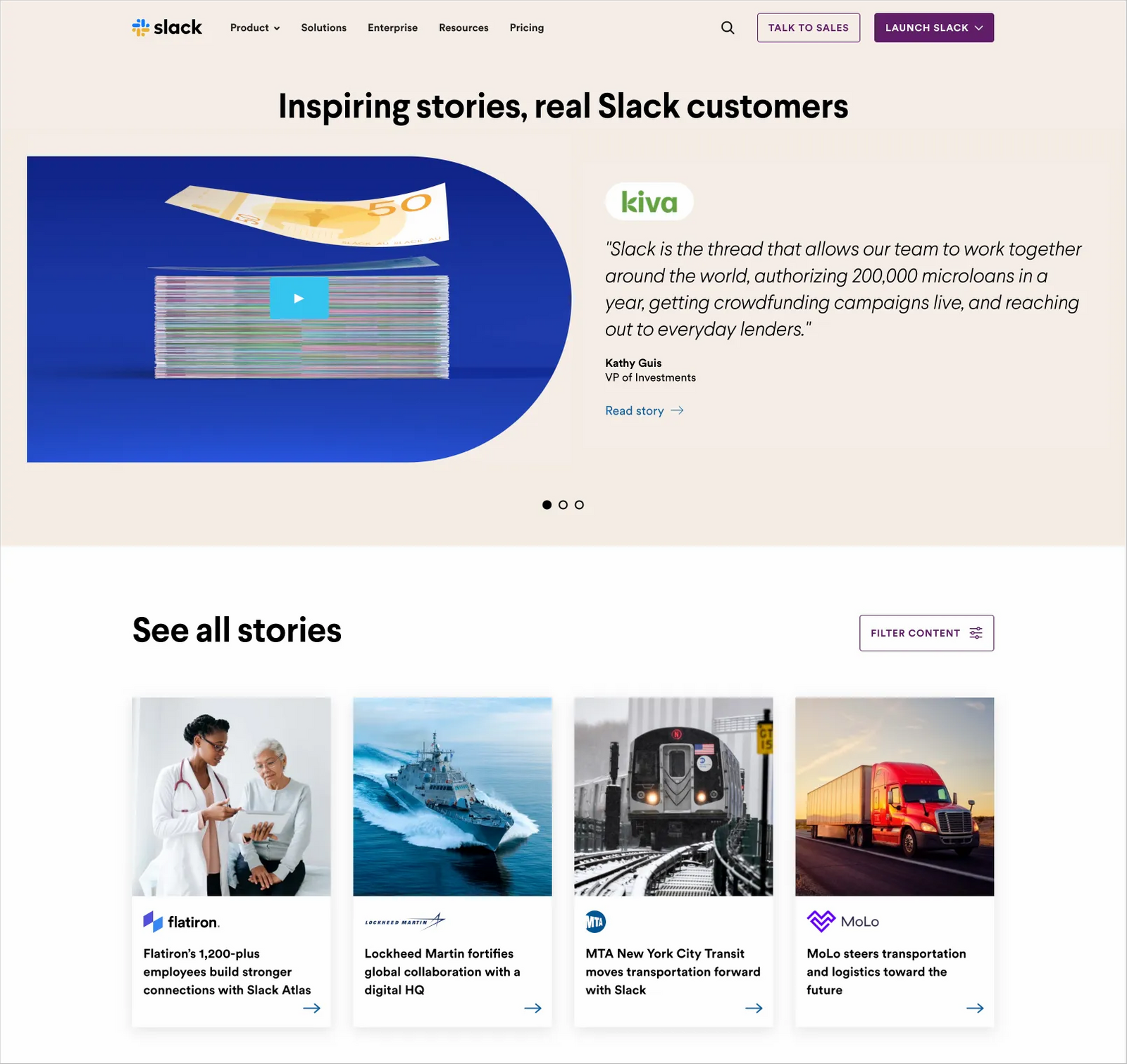 Case studies example page on the Slack website.