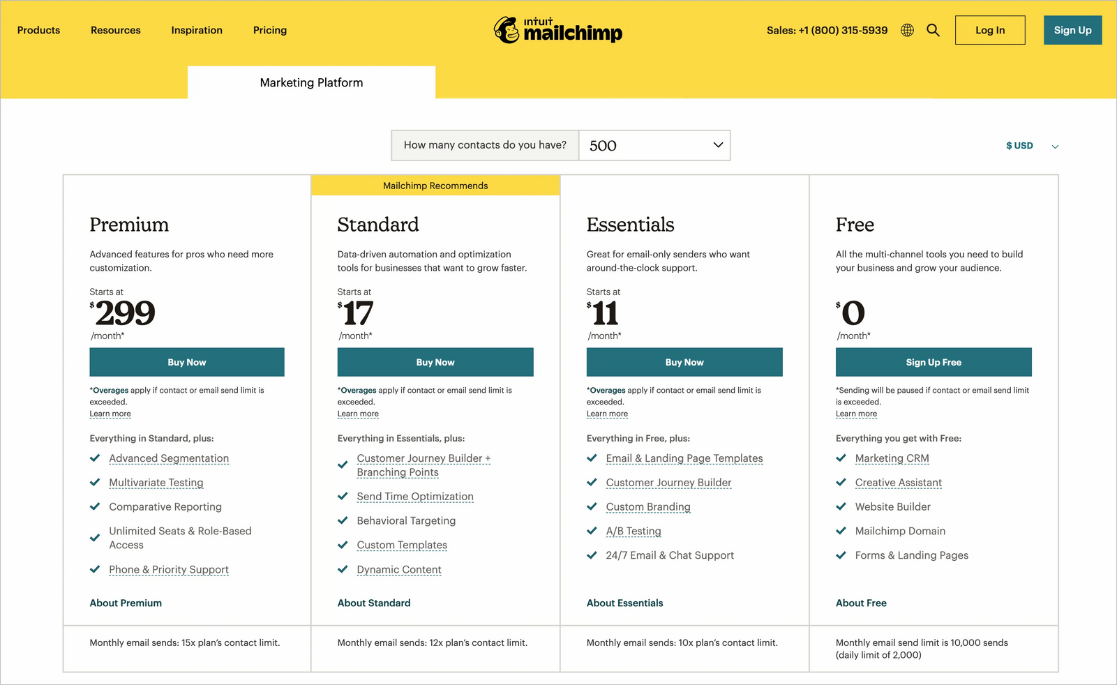 An example of a pricing page. Screenshot of Mailchimp's pricing page.