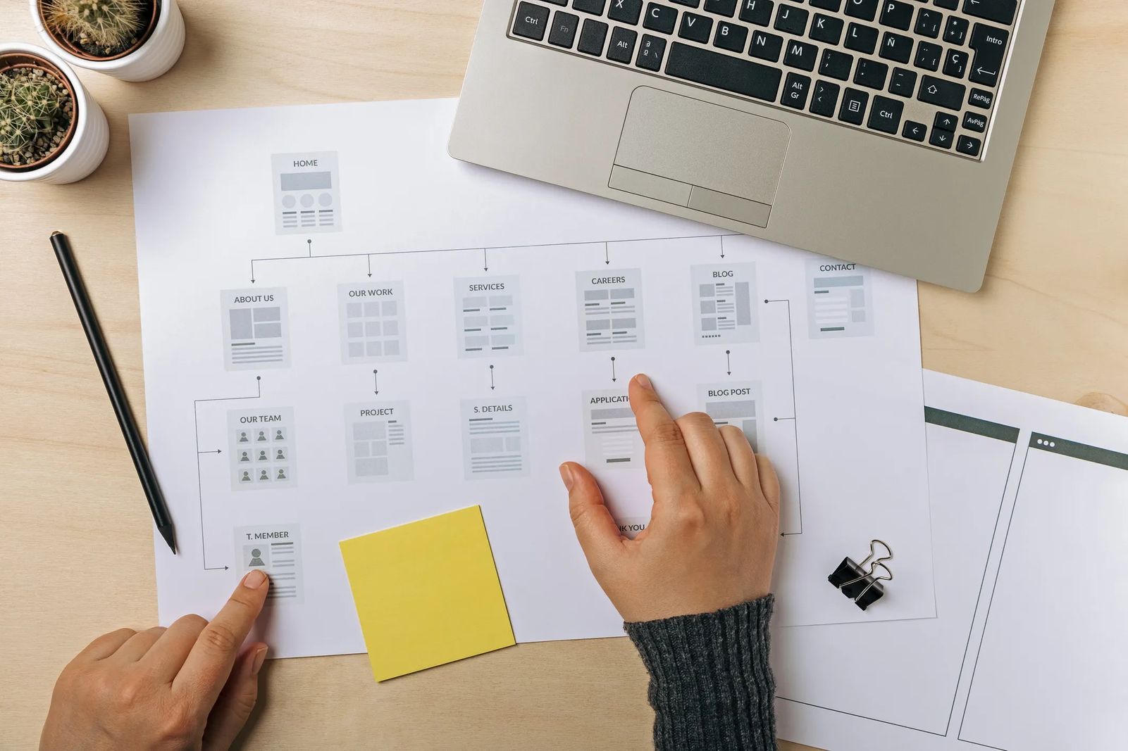 photo of a website sitemap diagram next to a computer