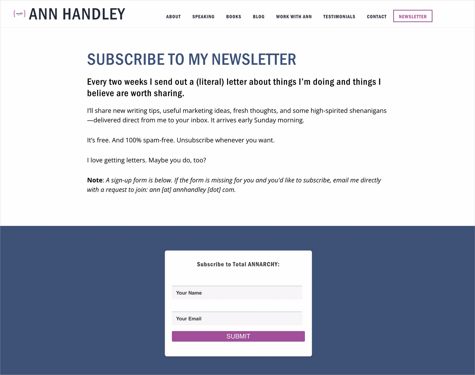 screenshot of Ann Handley Total Anarchy email newsletter sign up page