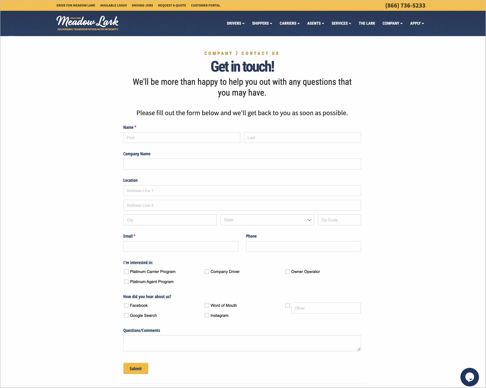 An example of a contact page on the Meadlow Lark Company website.