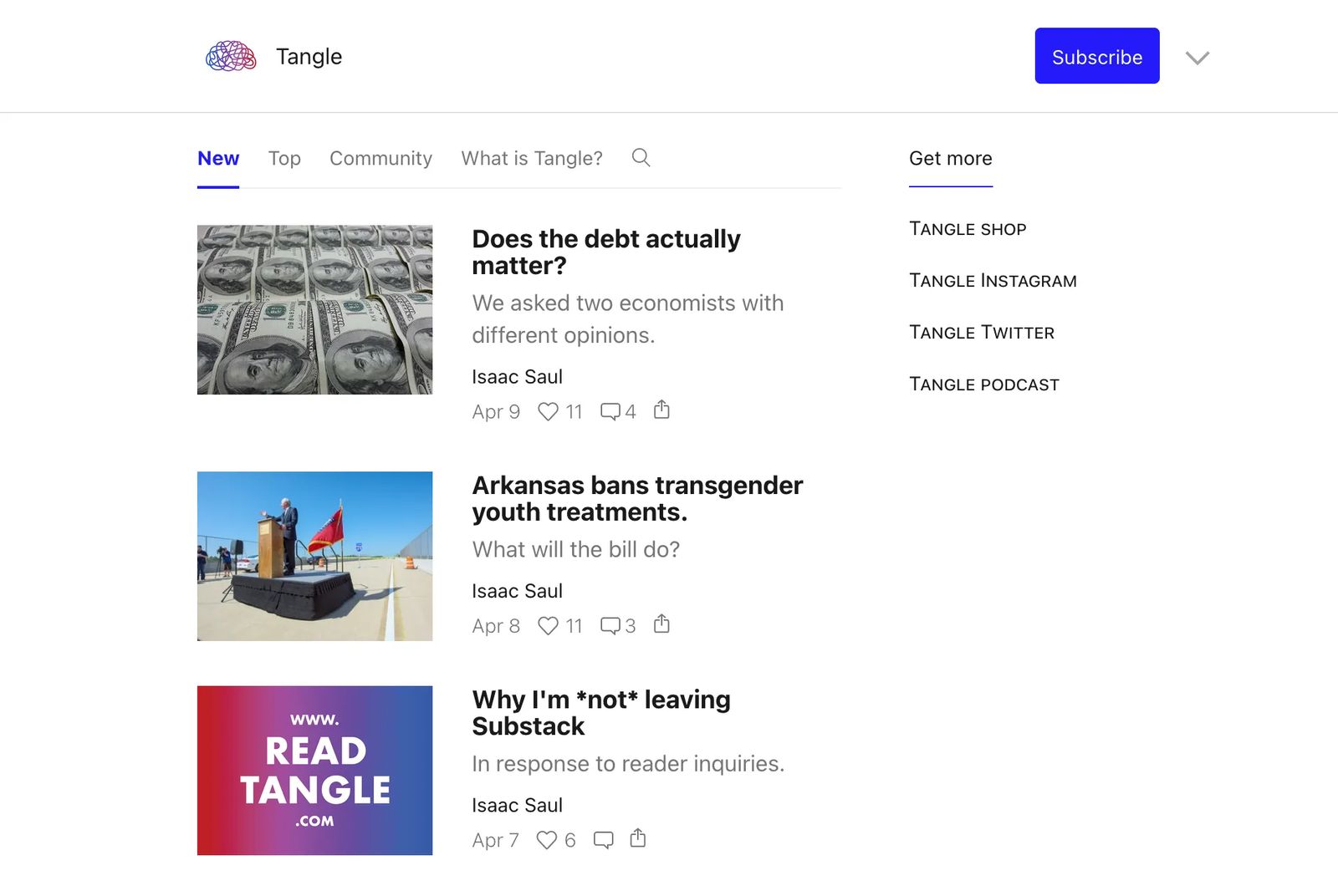 content creator example, tangle newsletter screenshot